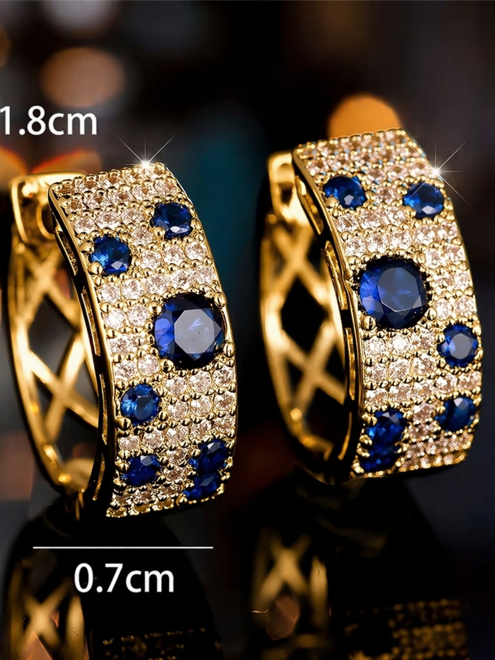 Gold Hoop Earrings with Sapphire Blue Crystals - Picture 2 of 4